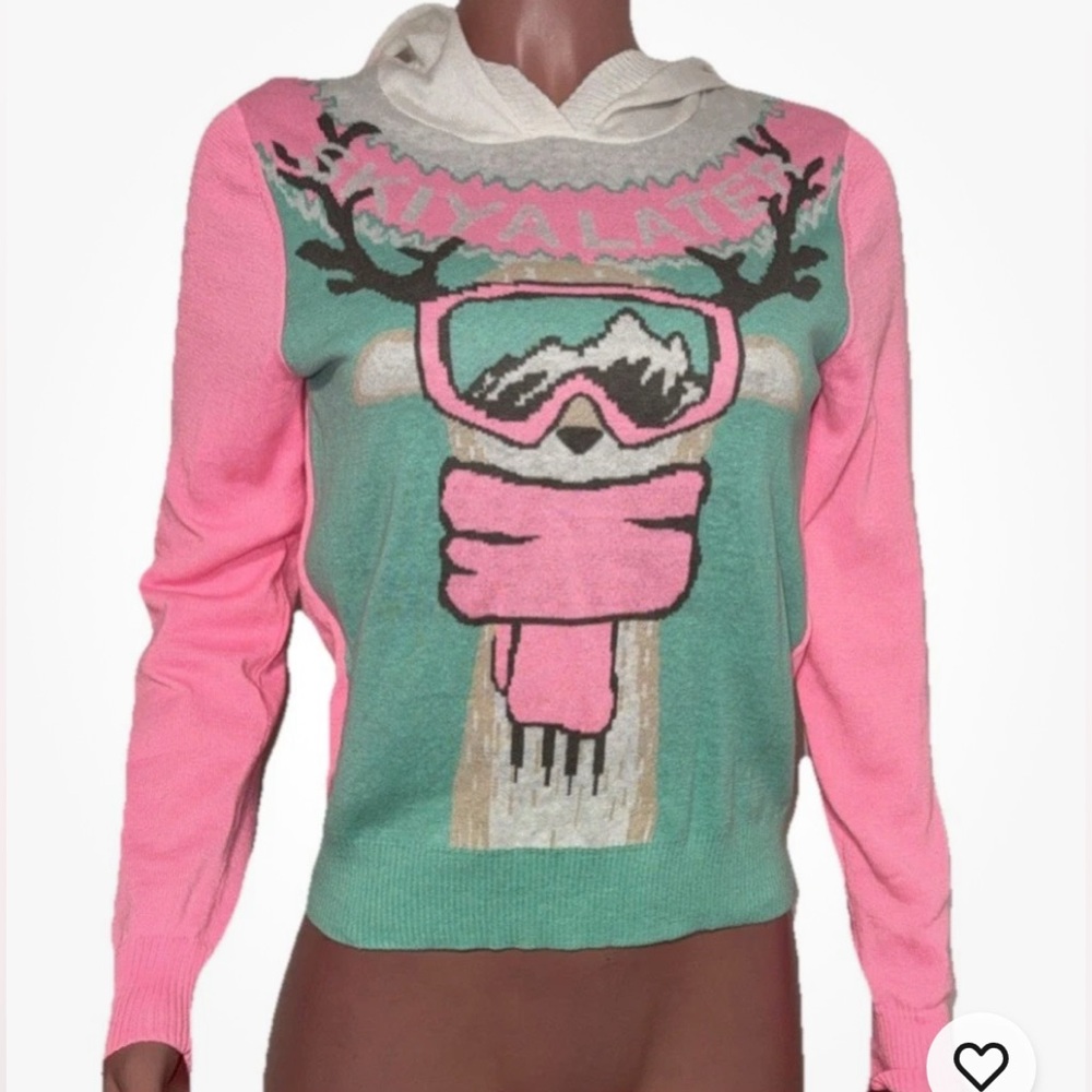 Pink and Green Reindeer Hoodie Sweater